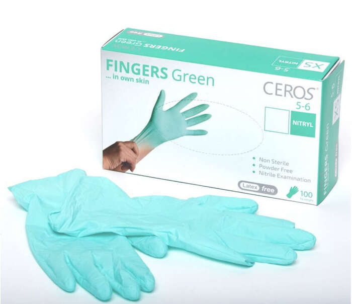 Рукавиці нітрилові CEROS TM FINGERS Green XS (100шт) оглядові, неприпудрені Zooble.com.ua
