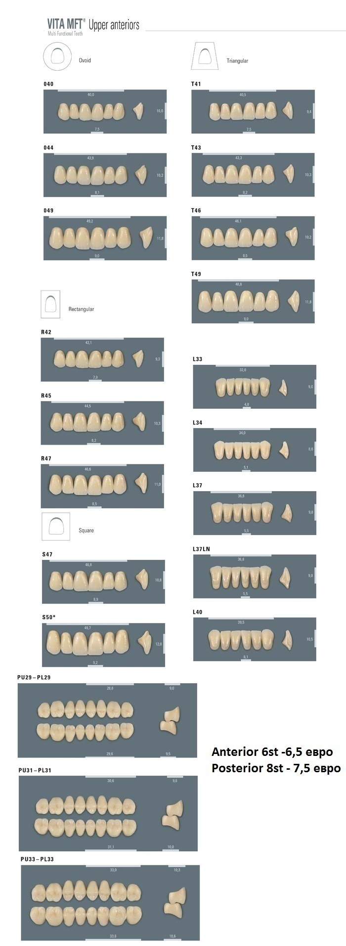 Зубы MFT VITA,Gnathostar были отобраны на 17 самых популярных фасонах, в 3 боковых размерах и в 11 цветах. Zooble.com.ua